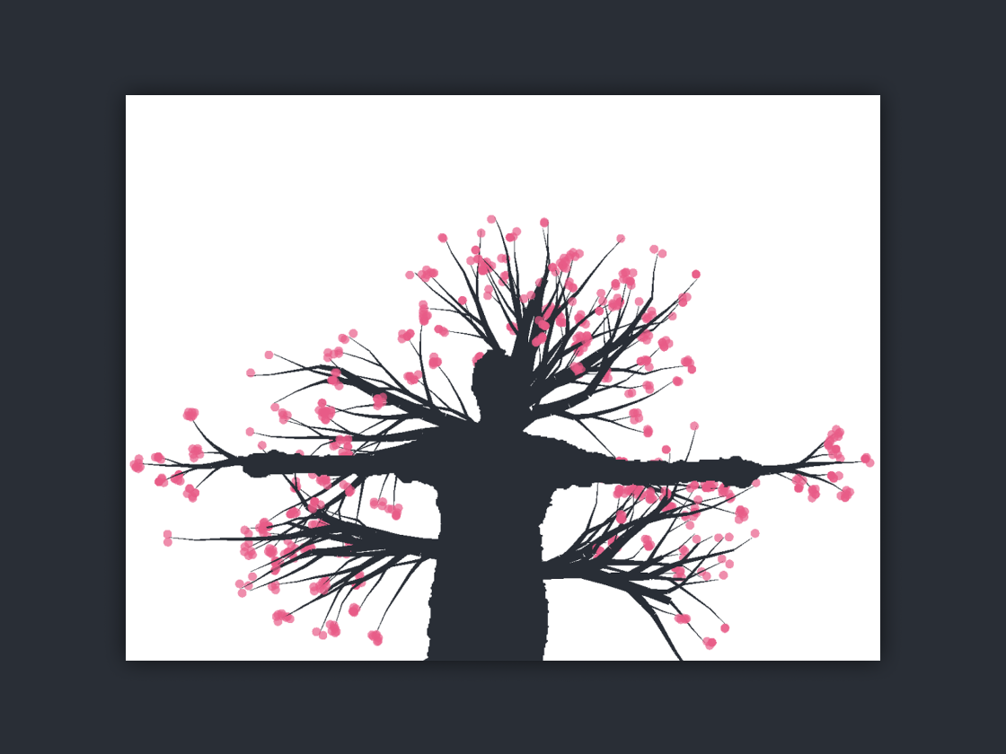 Be a Tree: An interactive piece that uses a Kinect to project a silhouette of the viewer and grow tree limbs with blossoms from their body as they raise their arms.